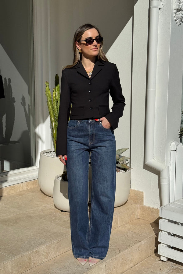 The image features a stylish woman standing outdoors in front of a white building. She is wearing a black blazer, dark blue jeans, sunglasses, and gold jewelry. She has her hand in her jeans pocket, and a cactus and an agave plant are in pots behind her. The scene is well-lit, highlighting the colors and textures of the clothing and accessories. The overall composition suggests a fashion or lifestyle photograph.