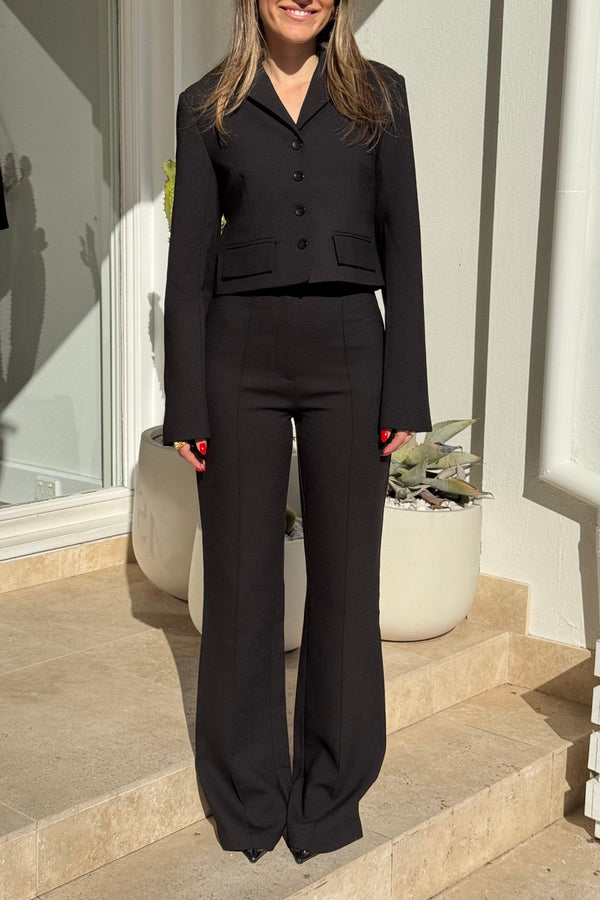 The image shows a smiling woman standing on steps outdoors. She's wearing a black suit consisting of a blazer and flared pants, paired with black pointy-toe high heels. She has blonde hair and red nail polish and wears a gold ring. Two white pots containing cacti are positioned on either side of her. The background features a white building facade with some shadows, and the scene is well-lit.