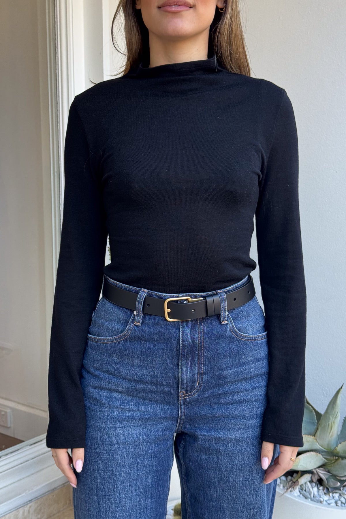 Tina Long Sleeve Top Black by Sneaky Link, cozy funnel neck top with long sleeves, perfect for layering or casual chic.