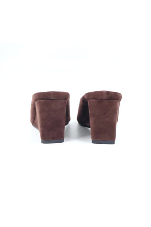 Sneaky Link Wedge Slide in Chocolate Suede, slip-on point toe design with manmade sole for comfort and elevated everyday style.