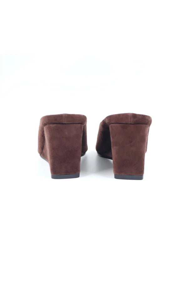 Sneaky Link Wedge Slide in Chocolate Suede, slip-on point toe design with manmade sole for comfort and elevated everyday style.