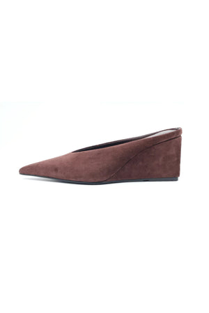 Sneaky Link Wedge Slide in Chocolate Suede, slip-on point toe design with manmade sole for comfort and elevated everyday style.