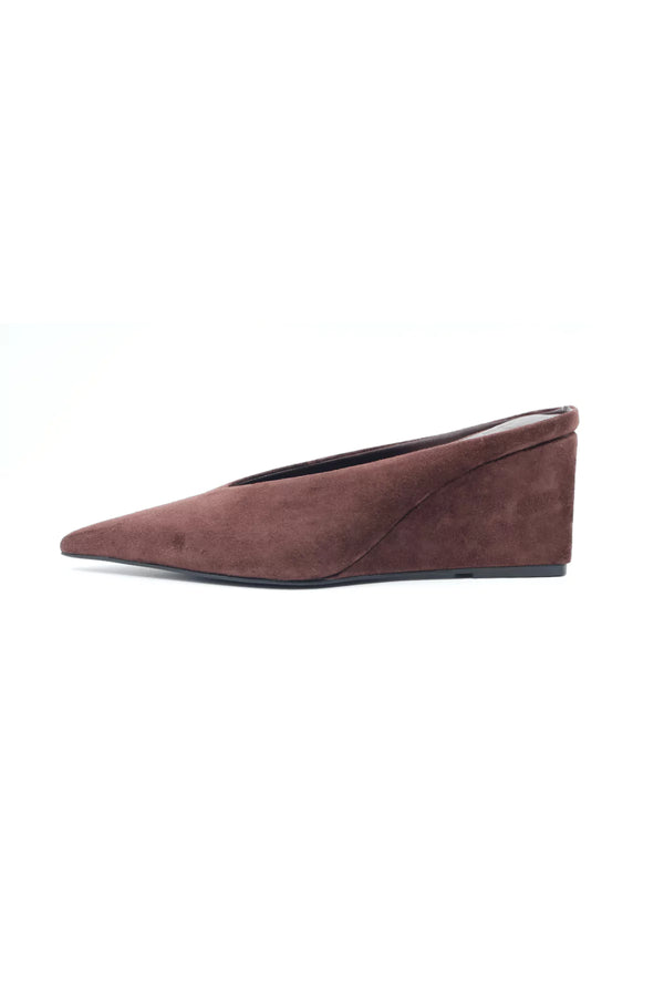 Sneaky Link Wedge Slide in Chocolate Suede, slip-on point toe design with manmade sole for comfort and elevated everyday style.