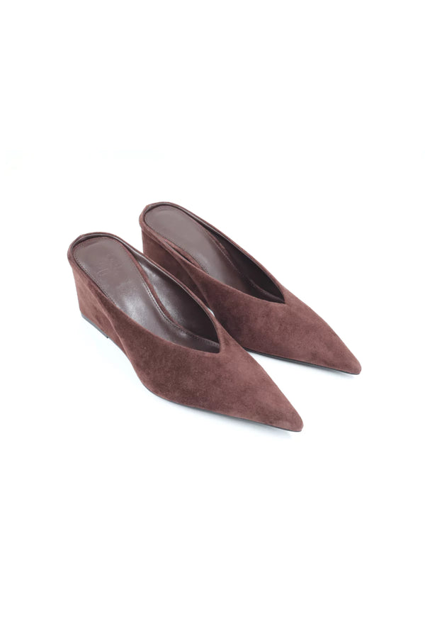 Sneaky Link Wedge Slide in Chocolate Suede, slip-on point toe design with manmade sole for comfort and elevated everyday style.