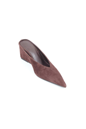 Sneaky Link Wedge Slide in Chocolate Suede, slip-on point toe design with manmade sole for comfort and elevated everyday style.