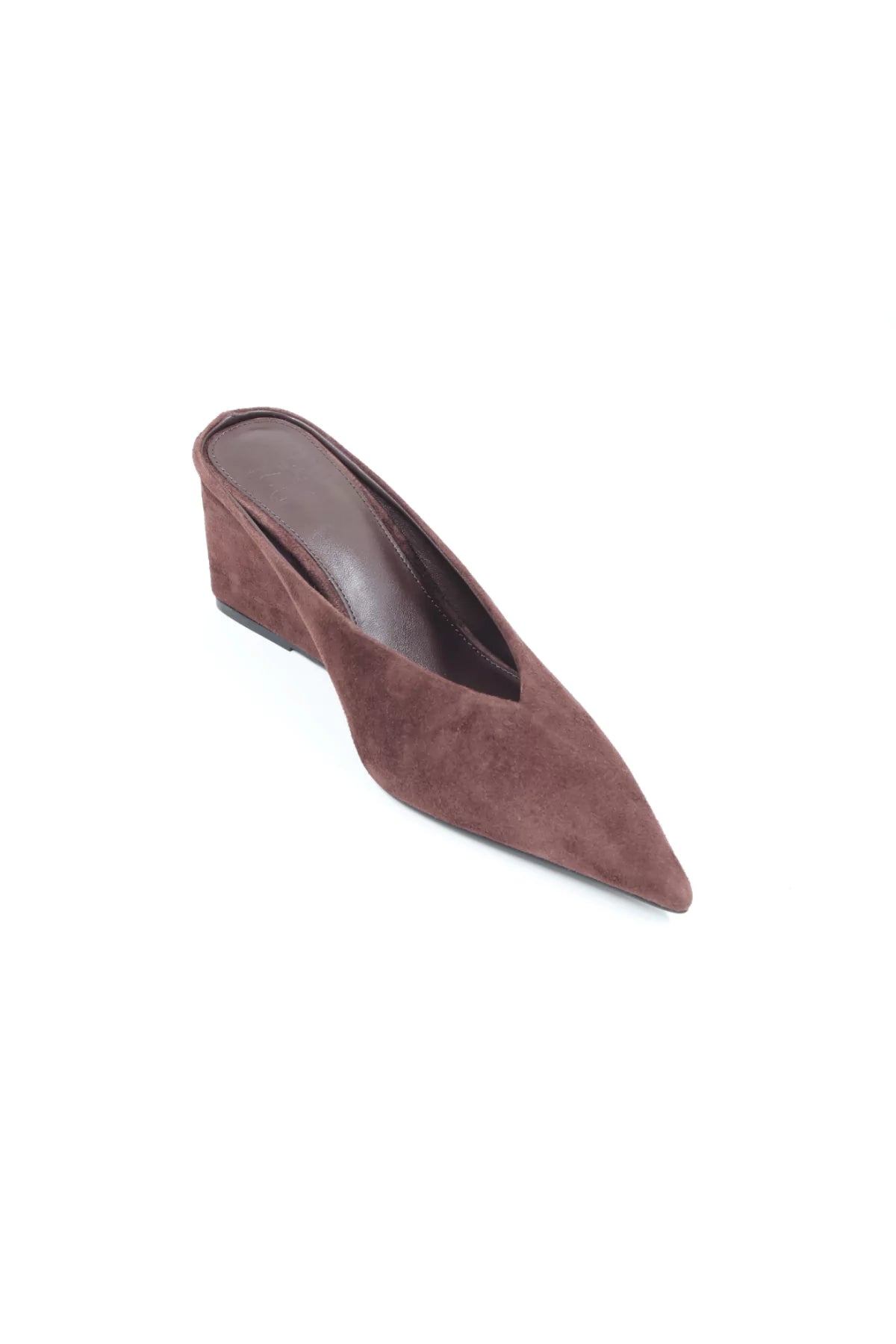 Sneaky Link Wedge Slide in Chocolate Suede, slip-on point toe design with manmade sole for comfort and elevated everyday style.