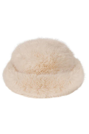 Snuggle Bucket Almond by Lack of Color, a faux fur bucket hat with turnback brim and silky lining. Perfect for cozy winter styling.
