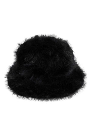Snuggle Bucket Black by Lack of Color, a faux fur bucket hat with turnback brim and silky lining. Perfect for cozy winter styling.