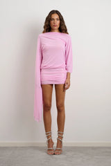 Sofia Dress by DŽO – a pink rhinestone mini with asymmetrical drape and structured shoulder. Perfect for statement styling.