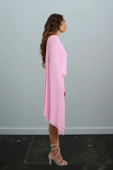 Sofia Dress by Effie Kats, a candy pink rhinestone mini with sculptural draping and one-sleeve detail. Perfect for glamorous nights.