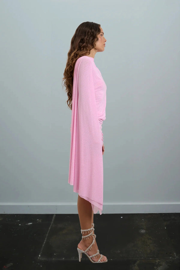 Sofia Dress by Effie Kats, a candy pink rhinestone mini with sculptural draping and one-sleeve detail. Perfect for glamorous nights.