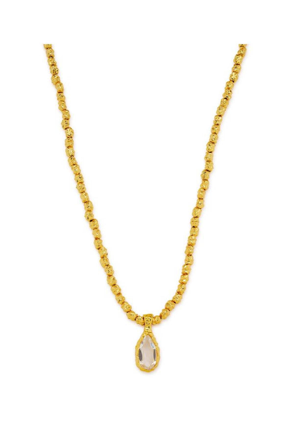 Sofian Necklace by Amber Sceats - gold necklace with clear quartz pendant and crushed beads, designed for bold elevated styling.