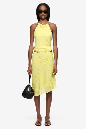 Solace Asym Skirt Citrus by Bec + Bridge, asymmetrical skirt with draped detail and sheer finish. Perfect for summer events or elevated day looks.