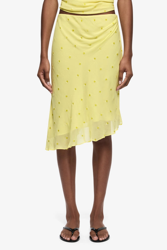 Solace Asym Skirt Citrus by Bec + Bridge, asymmetrical skirt with draped detail and sheer finish. Perfect for summer events or elevated day looks.