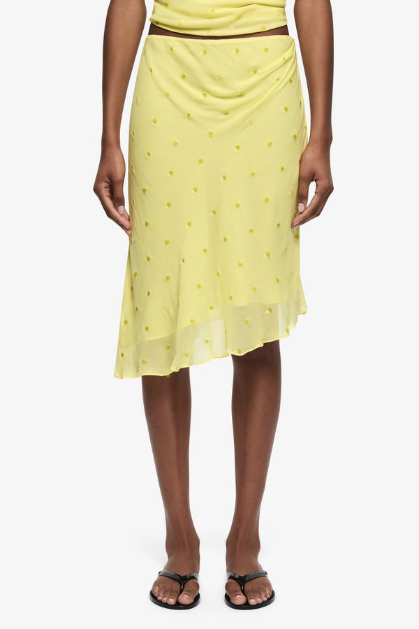 Solace Asym Skirt Citrus by Bec + Bridge, asymmetrical skirt with draped detail and sheer finish. Perfect for summer events or elevated day looks.