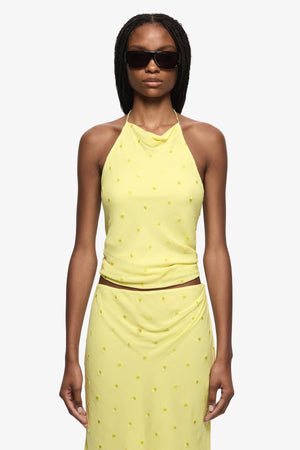Solace Asym Skirt Citrus by Bec + Bridge, asymmetrical skirt with draped detail and sheer finish. Perfect for summer events or elevated day looks.
