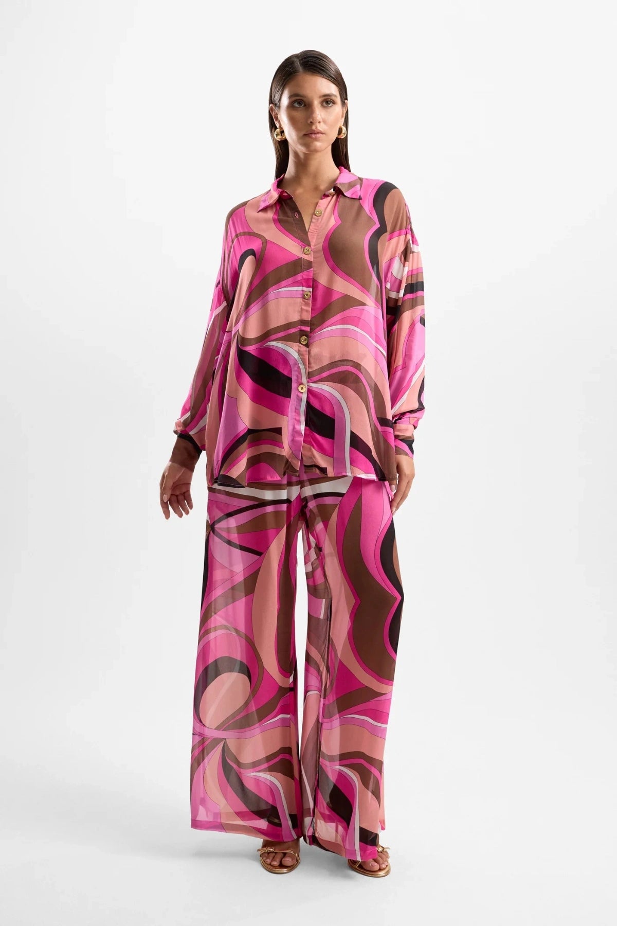 ‘Solace’ Button Up Shirt Dolce Pink by Cin Cin – tailored viscose shirt with gold buttons in berry and brown swirl print.
