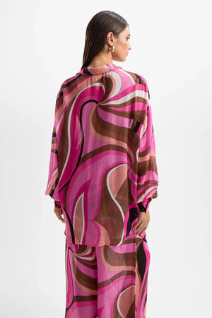 ‘Solace’ Button Up Shirt Dolce Pink by Cin Cin – tailored viscose shirt with gold buttons in berry and brown swirl print.
