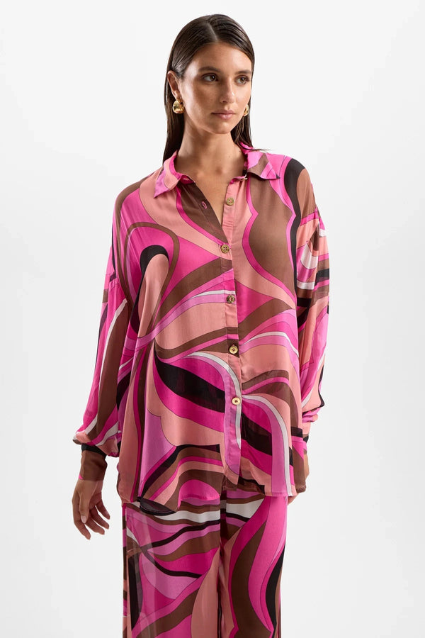 ‘Solace’ Button Up Shirt Dolce Pink by Cin Cin – tailored viscose shirt with gold buttons in berry and brown swirl print.
