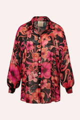 Solace Button Up Shirt Hibiscus Pink by Cin Cin Swim – a sheer shirt with floral print and gold buttons. Perfect for resort styling.