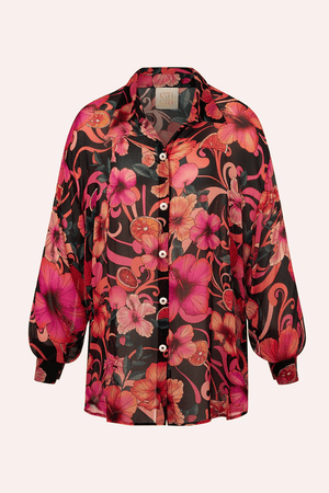 Solace Button Up Shirt Hibiscus Pink by Cin Cin Swim – a sheer shirt with floral print and gold buttons. Perfect for resort styling.