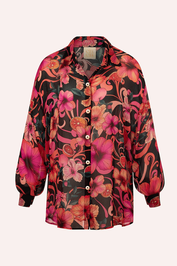 Solace Button Up Shirt Hibiscus Pink by Cin Cin Swim – a sheer shirt with floral print and gold buttons. Perfect for resort styling.