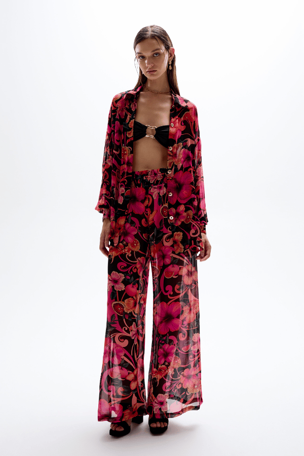 Solace Button Up Shirt Hibiscus Pink by Cin Cin Swim – a sheer shirt with floral print and gold buttons. Perfect for resort styling.