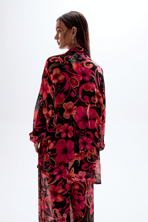 Solace Button Up Shirt Hibiscus Pink by Cin Cin Swim – a sheer shirt with floral print and gold buttons. Perfect for resort styling.