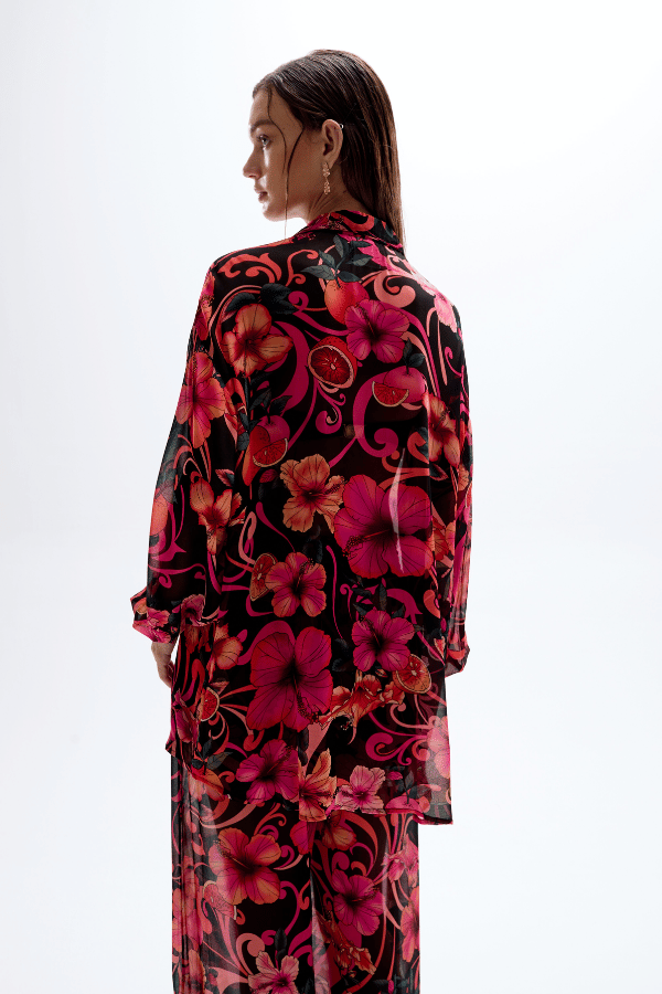 Solace Button Up Shirt Hibiscus Pink by Cin Cin Swim – a sheer shirt with floral print and gold buttons. Perfect for resort styling.