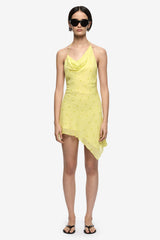 Solace Halter Mini Dress Citrus by Bec + Bridge, halter mini dress with draped neckline and asymmetrical hem. Perfect for summer events or party looks.