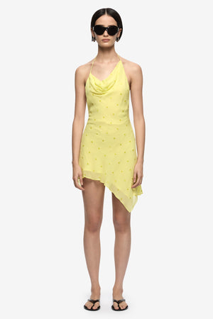 Solace Halter Mini Dress Citrus by Bec + Bridge, halter mini dress with draped neckline and asymmetrical hem. Perfect for summer events or party looks.