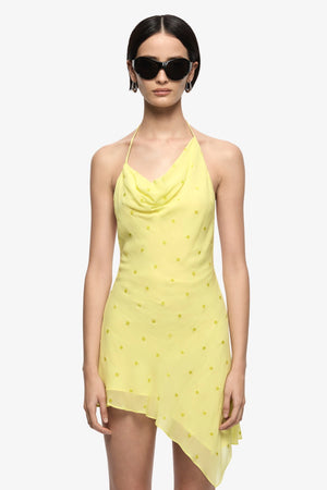 Solace Halter Mini Dress Citrus by Bec + Bridge, halter mini dress with draped neckline and asymmetrical hem. Perfect for summer events or party looks.