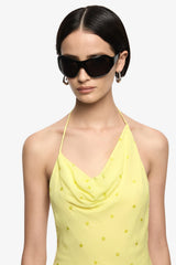 Solace Halter Mini Dress Citrus by Bec + Bridge, halter mini dress with draped neckline and asymmetrical hem. Perfect for summer events or party looks.