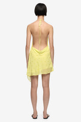 Solace Halter Mini Dress Citrus by Bec + Bridge, halter mini dress with draped neckline and asymmetrical hem. Perfect for summer events or party looks.