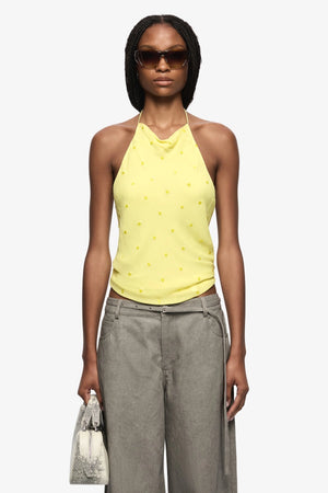 Solace Halter Top Citrus by Bec + Bridge, halter top with draped neckline and sheer finish. Perfect for summer outfits or elevated looks.