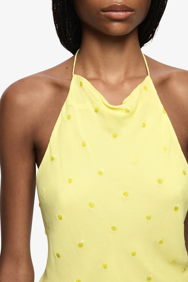 Solace Halter Top Citrus by Bec + Bridge, halter top with draped neckline and sheer finish. Perfect for summer outfits or elevated looks.