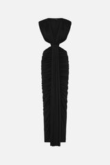 Solacia Cupro Dress Black by Misha - ruched maxi dress with deep V neckline and side cut-outs in soft cupro jersey, perfect for elegant evening events.