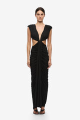 Solacia Cupro Dress Black by Misha - ruched maxi dress with deep V neckline and side cut-outs in soft cupro jersey, perfect for elegant evening events.