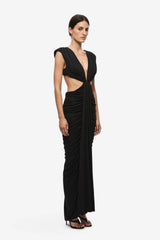 Solacia Cupro Dress Black by Misha - ruched maxi dress with deep V neckline and side cut-outs in soft cupro jersey, perfect for elegant evening events.