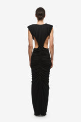 Solacia Cupro Dress Black by Misha - ruched maxi dress with deep V neckline and side cut-outs in soft cupro jersey, perfect for elegant evening events.