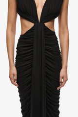 Solacia Cupro Dress Black by Misha - ruched maxi dress with deep V neckline and side cut-outs in soft cupro jersey, perfect for elegant evening events.