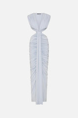 Solacia Cupro Dress Skywriting by Misha - ruched maxi dress with deep V neckline and side cut-outs in soft cupro jersey, perfect for elegant evening events.