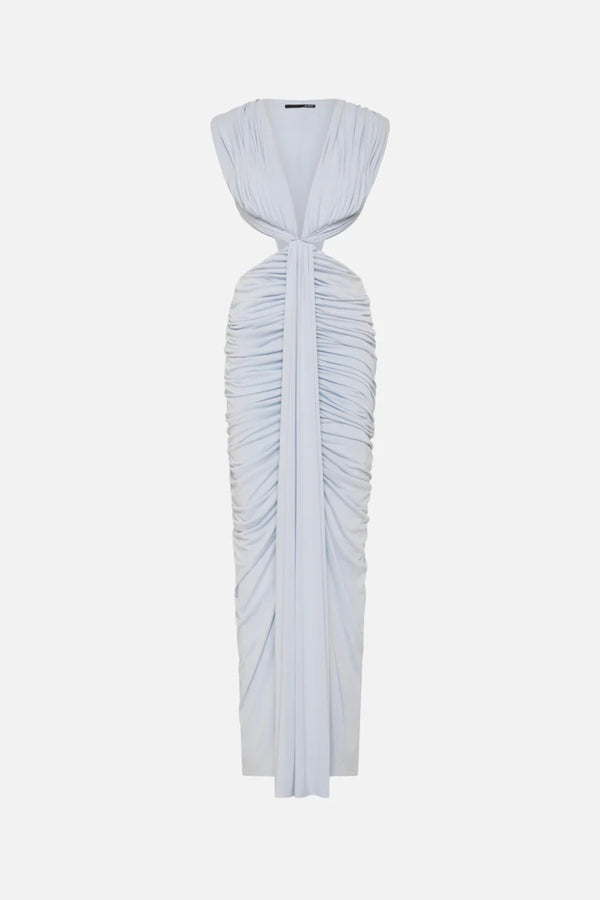 Solacia Cupro Dress Skywriting by Misha - ruched maxi dress with deep V neckline and side cut-outs in soft cupro jersey, perfect for elegant evening events.