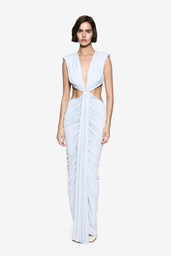 Solacia Cupro Dress Skywriting by Misha - ruched maxi dress with deep V neckline and side cut-outs in soft cupro jersey, perfect for elegant evening events.