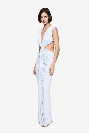 Solacia Cupro Dress Skywriting by Misha - ruched maxi dress with deep V neckline and side cut-outs in soft cupro jersey, perfect for elegant evening events.