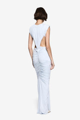Solacia Cupro Dress Skywriting by Misha - ruched maxi dress with deep V neckline and side cut-outs in soft cupro jersey, perfect for elegant evening events.