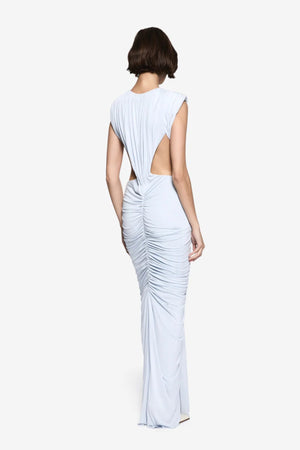 Solacia Cupro Dress Skywriting by Misha - ruched maxi dress with deep V neckline and side cut-outs in soft cupro jersey, perfect for elegant evening events.