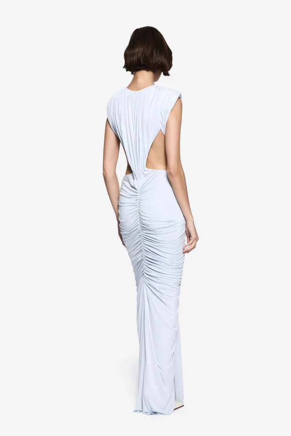 Solacia Cupro Dress Skywriting by Misha - ruched maxi dress with deep V neckline and side cut-outs in soft cupro jersey, perfect for elegant evening events.
