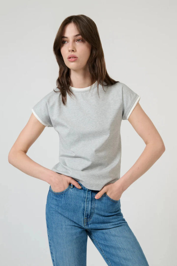 Solana Tee in Grey Marle/White by Onte, slim cotton blend t-shirt with cap sleeves and layered neckline detail.