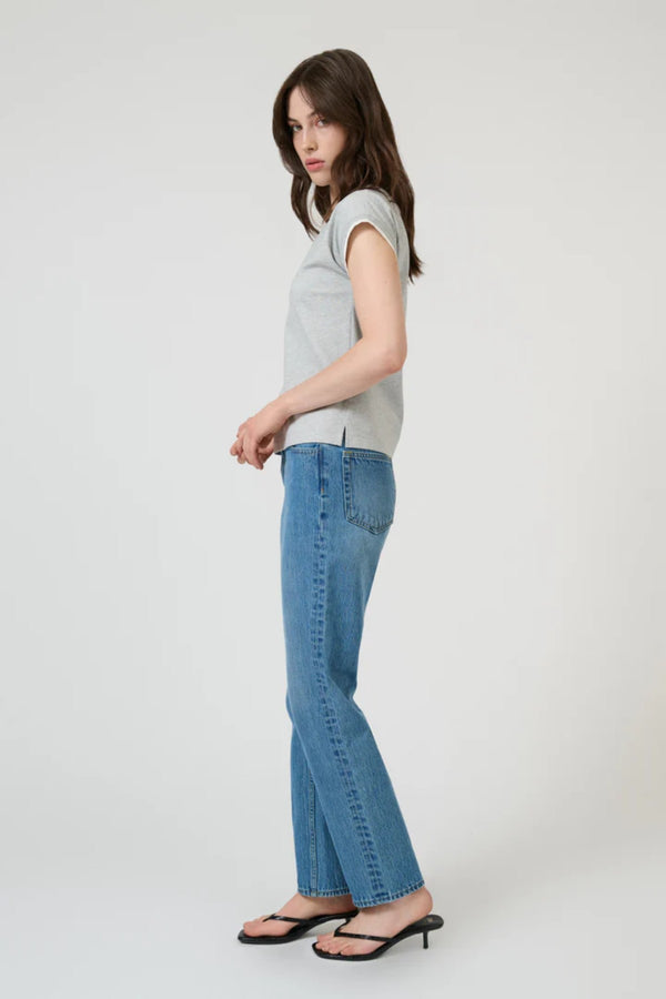 Solana Tee in Grey Marle/White by Onte, slim cotton blend t-shirt with cap sleeves and layered neckline detail.